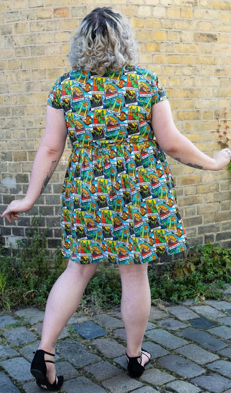 Tarot Dinosaur Print Cotton Tea Dress with Pockets by Run and Fly