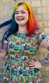 Tarot Dinosaur Print Cotton Tea Dress with Pockets by Run and Fly