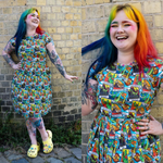 Tarot Dinosaur Print Cotton Tea Dress with Pockets by Run and Fly