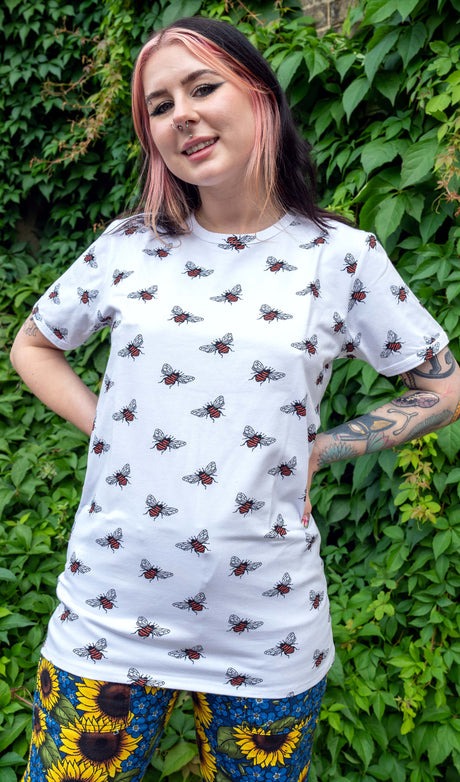 White Bee Print T Shirt by Run and Fly