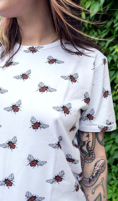 White Bee Print T Shirt by Run and Fly